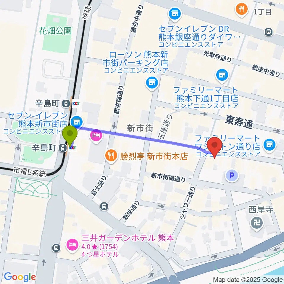 森楽器 和楽器市場の最寄駅辛島町駅からの徒歩ルート（約4分）地図
