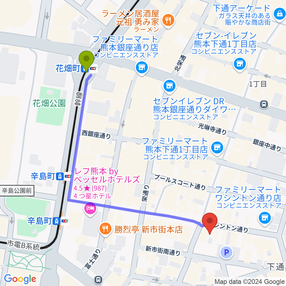 花畑町駅から和楽器市場（森楽器）へのルートマップ地図