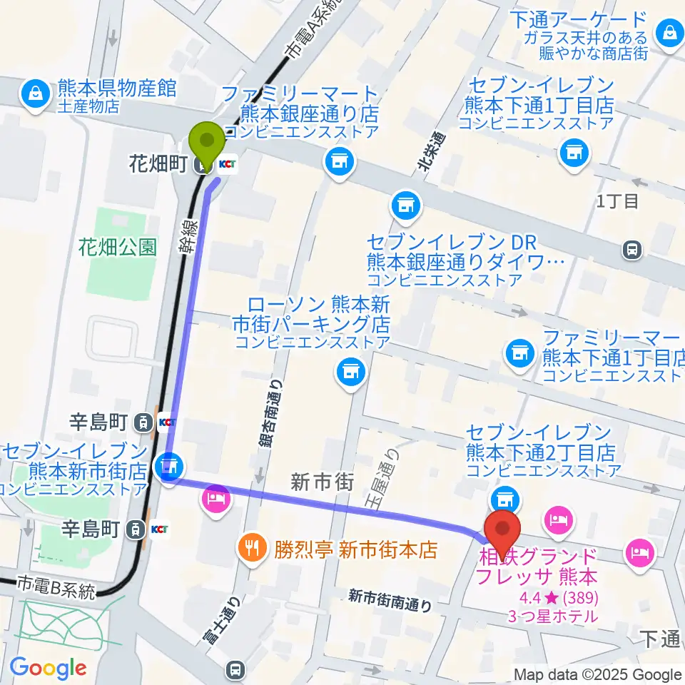 花畑町駅から和楽器市場（森楽器）へのルートマップ地図