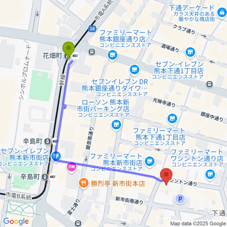 花畑町駅から森楽器 和楽器市場へのルートマップ地図