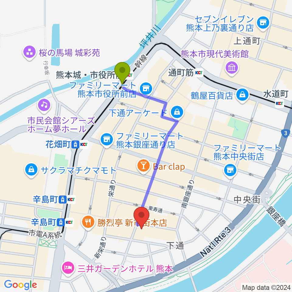 熊本城・市役所前駅から和楽器市場（森楽器）へのルートマップ地図