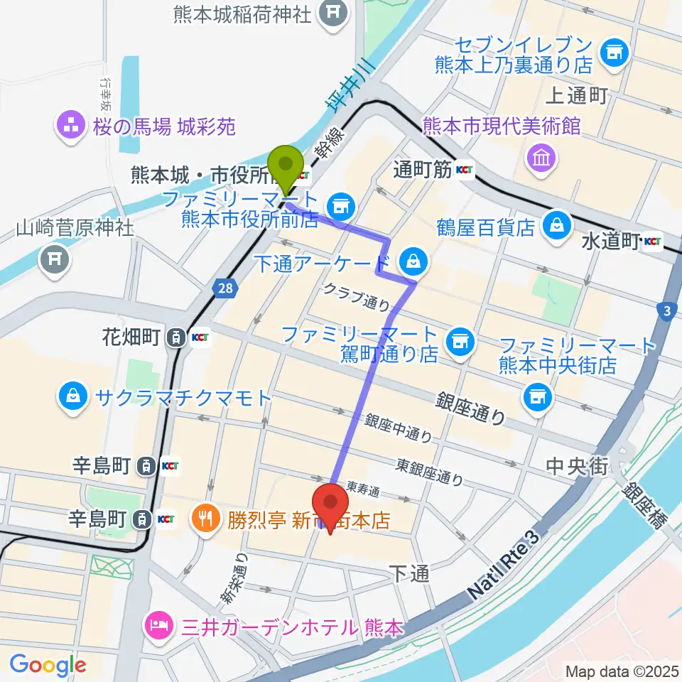 熊本城・市役所前駅から和楽器市場（森楽器）へのルートマップ地図