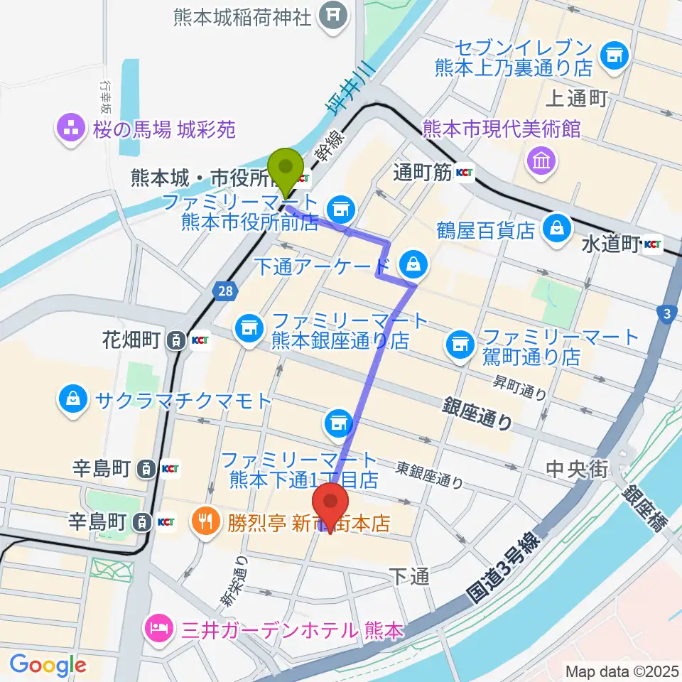 熊本城・市役所前駅から森楽器 和楽器市場へのルートマップ地図