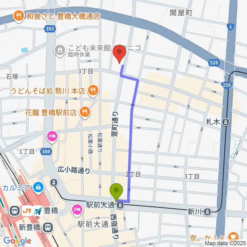 駅前大通駅から和楽器専門店 山とやへのルートマップ地図