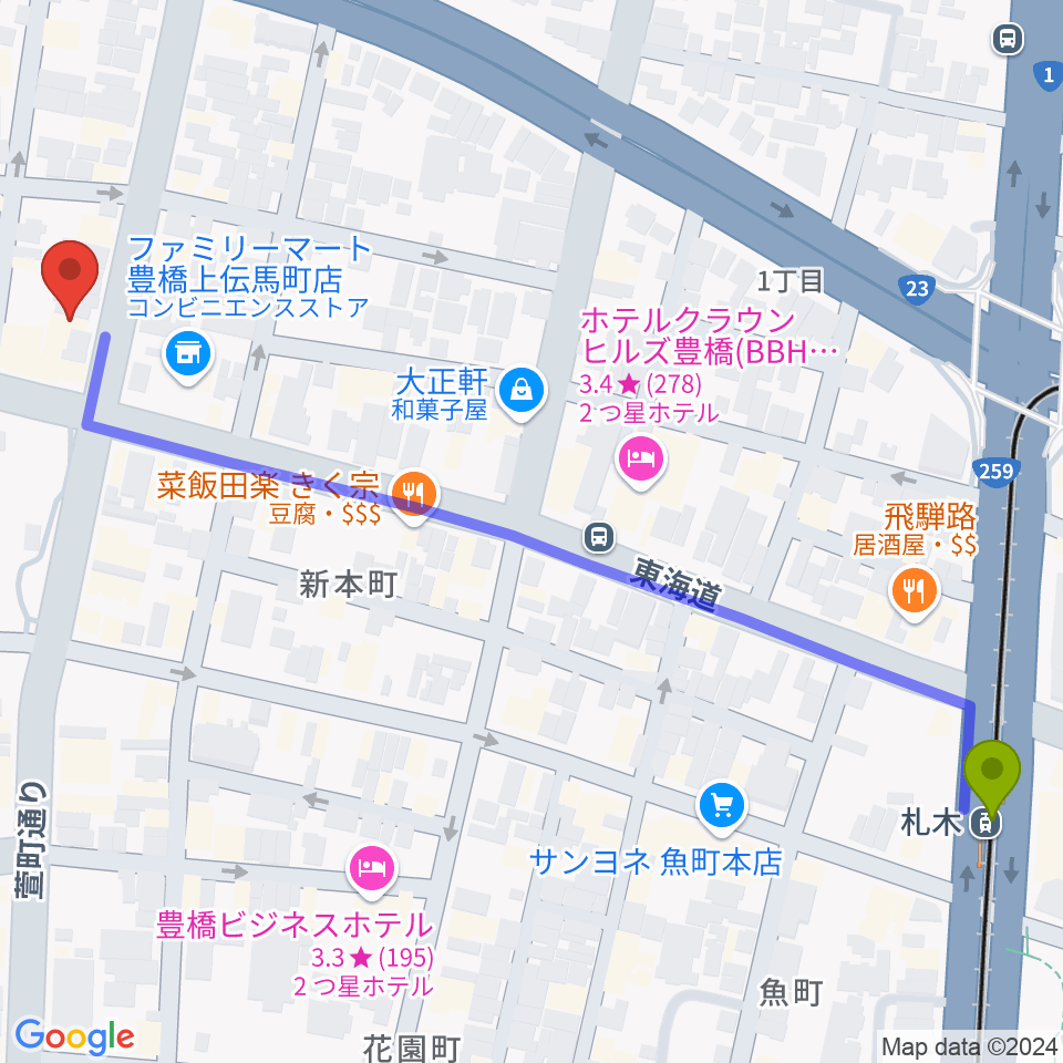 和楽器専門店 山とやの最寄駅札木駅からの徒歩ルート（約8分）地図