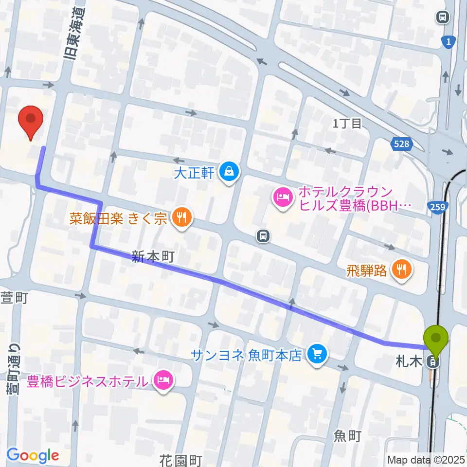 和楽器専門店 山とやの最寄駅札木駅からの徒歩ルート（約8分）地図