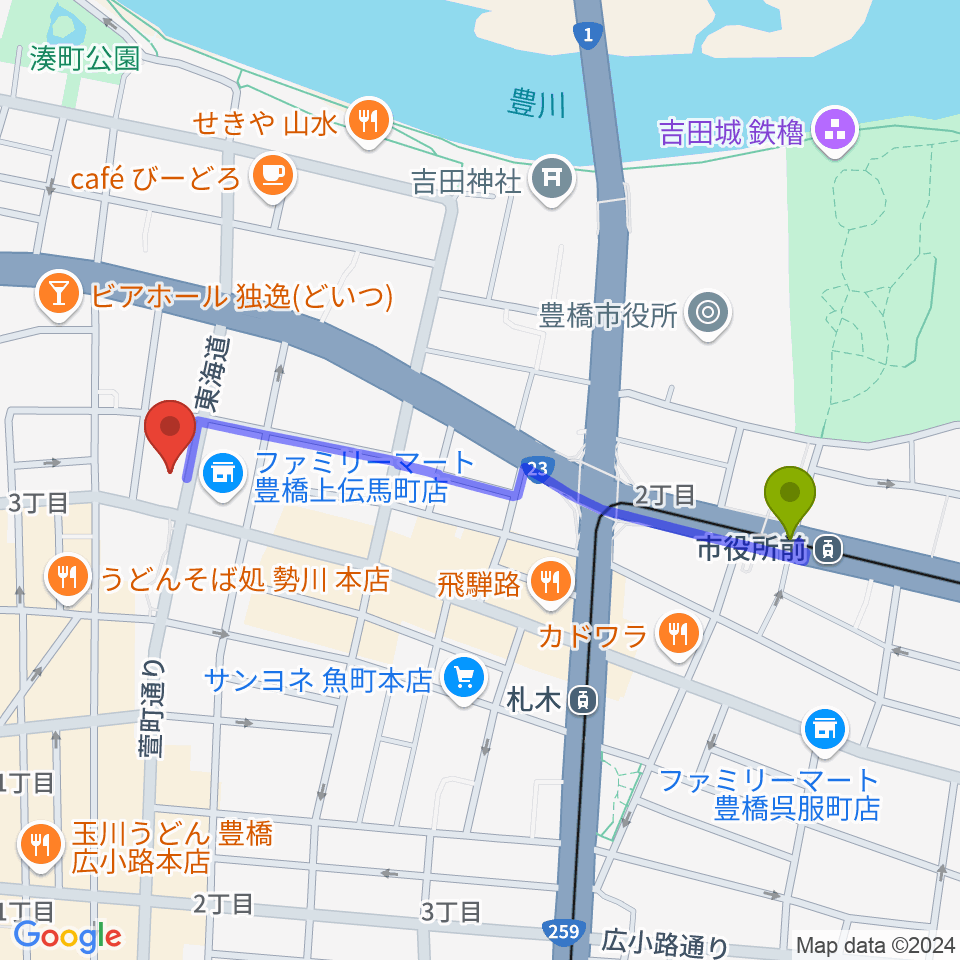 市役所前駅から和楽器専門店 山とやへのルートマップ地図