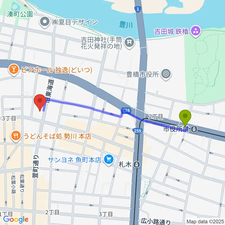 市役所前駅から和楽器専門店 山とやへのルートマップ地図