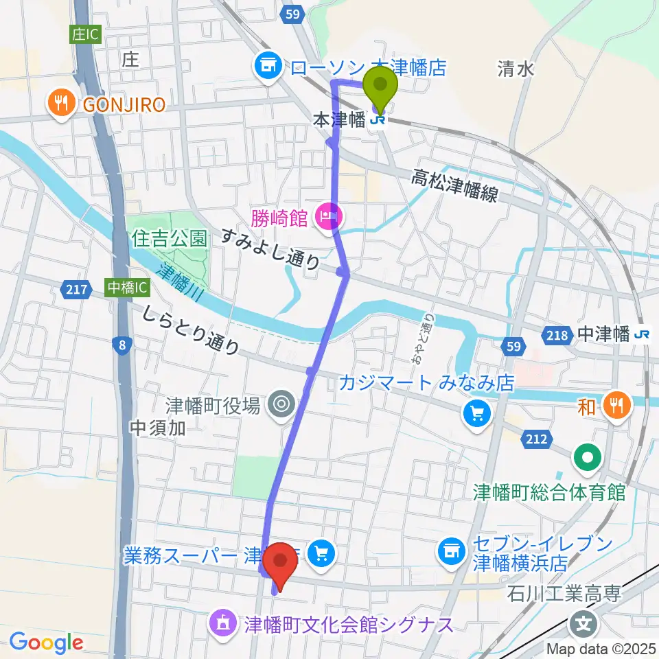 本津幡駅から管楽器専門店ウィンズスタイルへのルートマップ地図