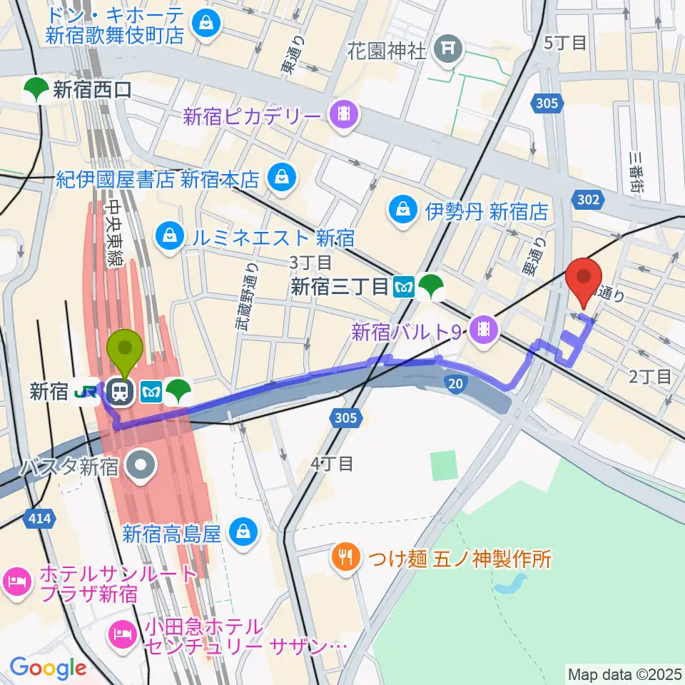 新宿駅からヤナギサワ・クロッシュへのルートマップ地図