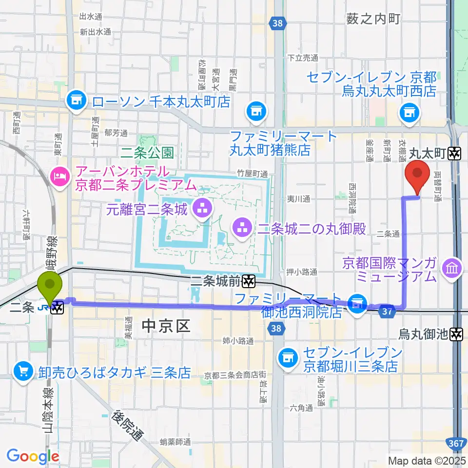 二条駅からユリ楽器へのルートマップ地図