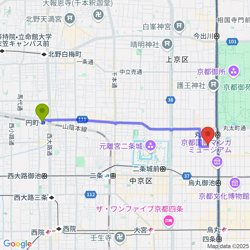 円町駅からユリ楽器へのルートマップ地図