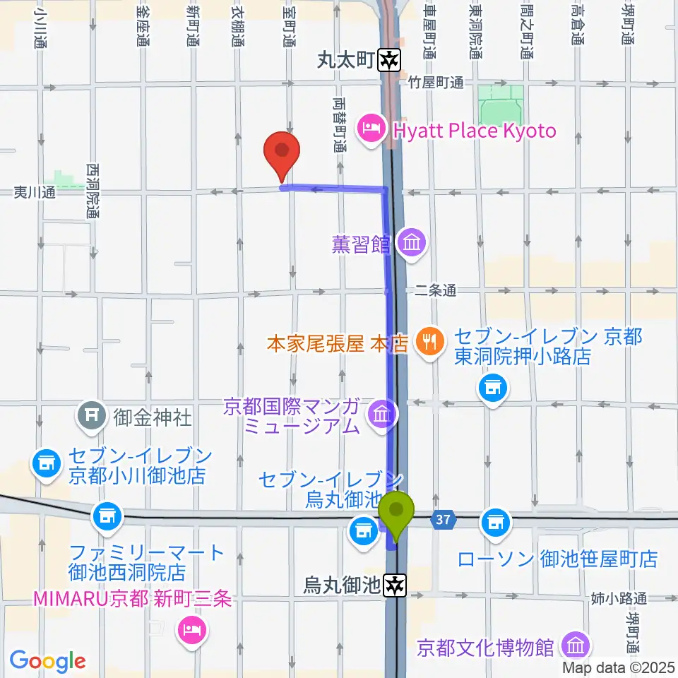 烏丸御池駅からユリ楽器へのルートマップ地図