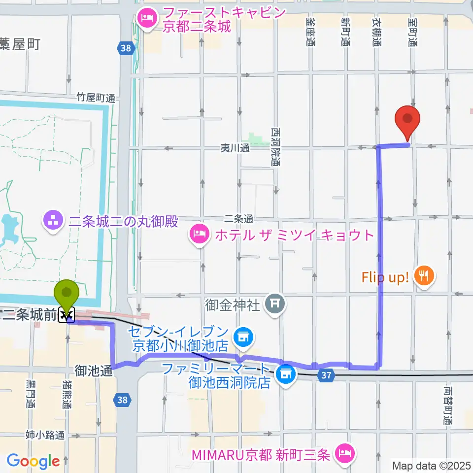 二条城前駅からユリ楽器へのルートマップ地図