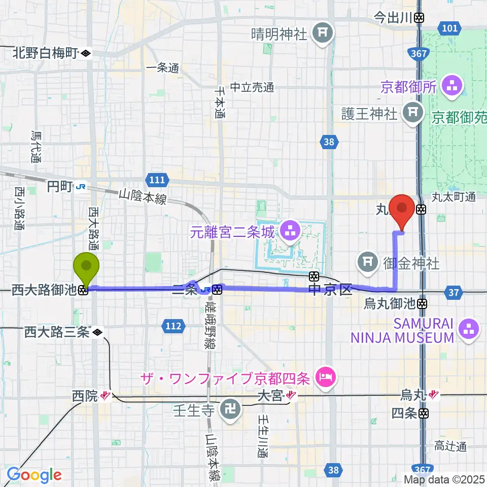 西大路御池駅からユリ楽器へのルートマップ地図