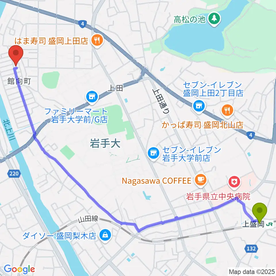 上盛岡駅からピアノ工房ハーモニーへのルートマップ地図