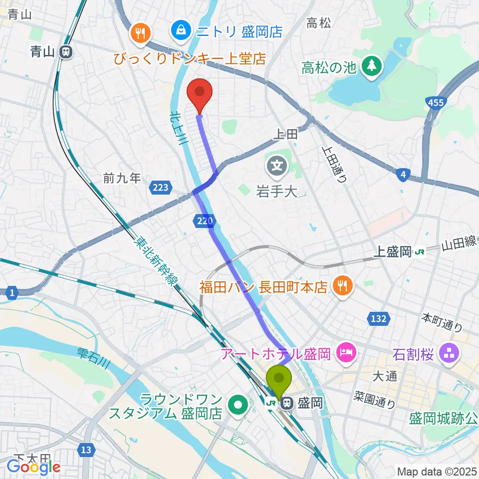 盛岡駅からピアノ工房ハーモニーへのルートマップ地図