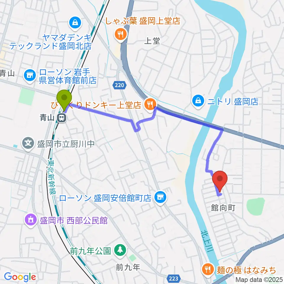 ピアノ工房ハーモニーの最寄駅青山駅からの徒歩ルート（約18分）地図