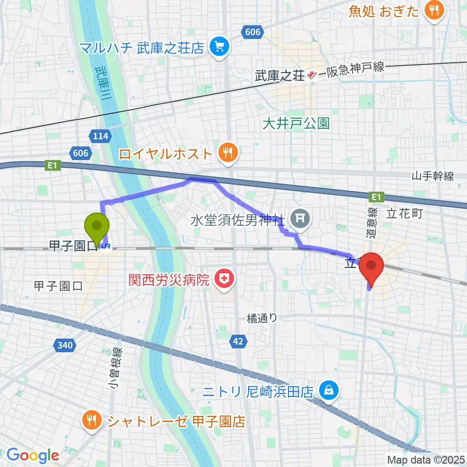 甲子園口駅から福永管楽器 ハーモニー楽器へのルートマップ地図