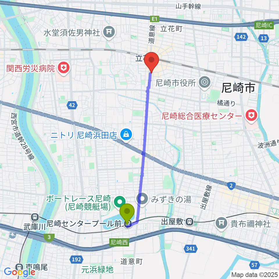 尼崎センタープール前駅から福永管楽器 ハーモニー楽器へのルートマップ地図