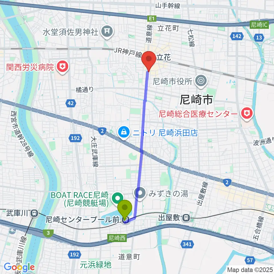 尼崎センタープール前駅から福永管楽器 ハーモニー楽器へのルートマップ地図