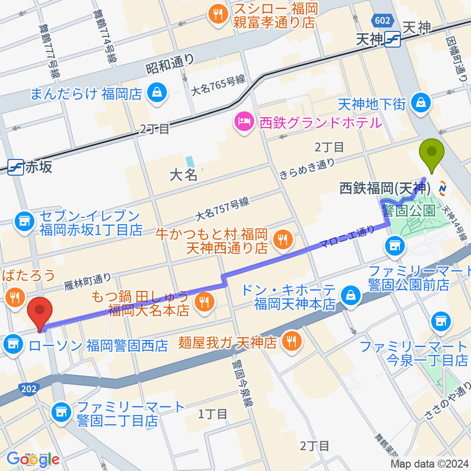 西鉄福岡（天神）駅からムジカテラシマへのルートマップ地図