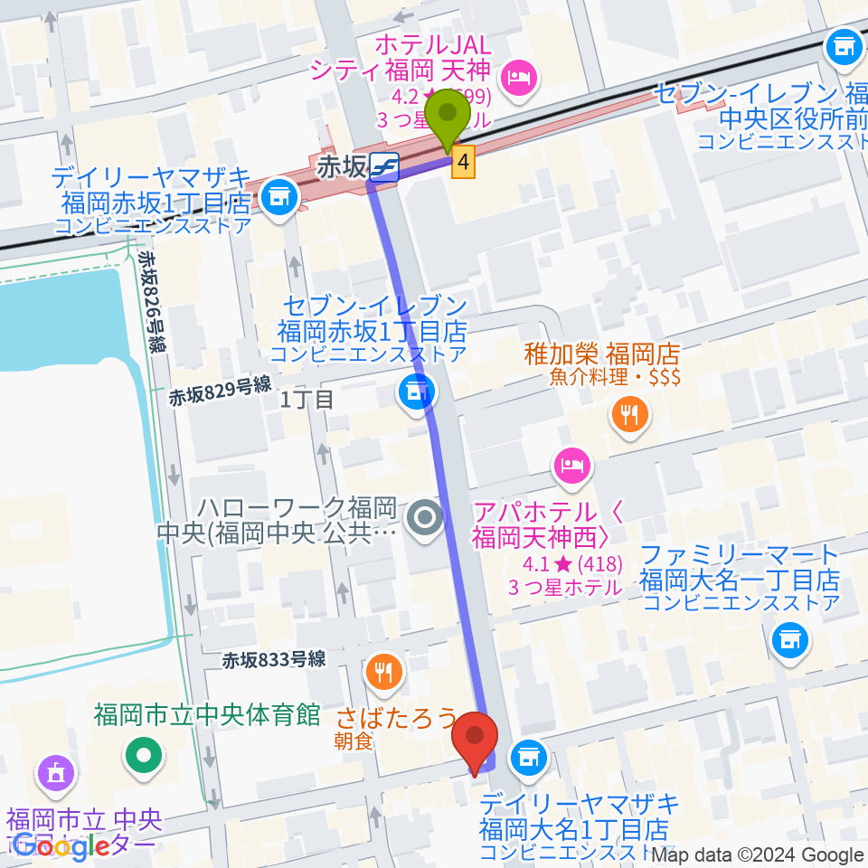 ムジカテラシマの最寄駅赤坂駅からの徒歩ルート（約6分）地図