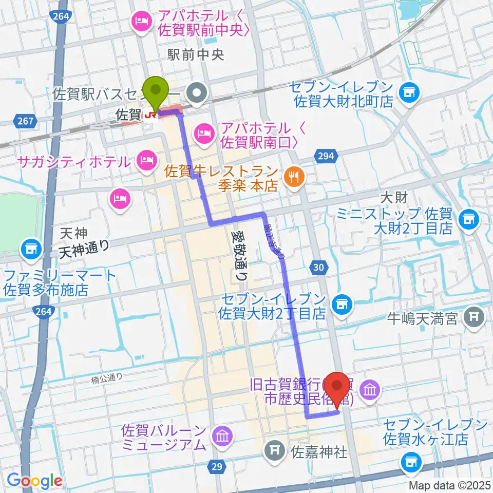 三根楽器店の最寄駅佐賀駅からの徒歩ルート（約22分）地図
