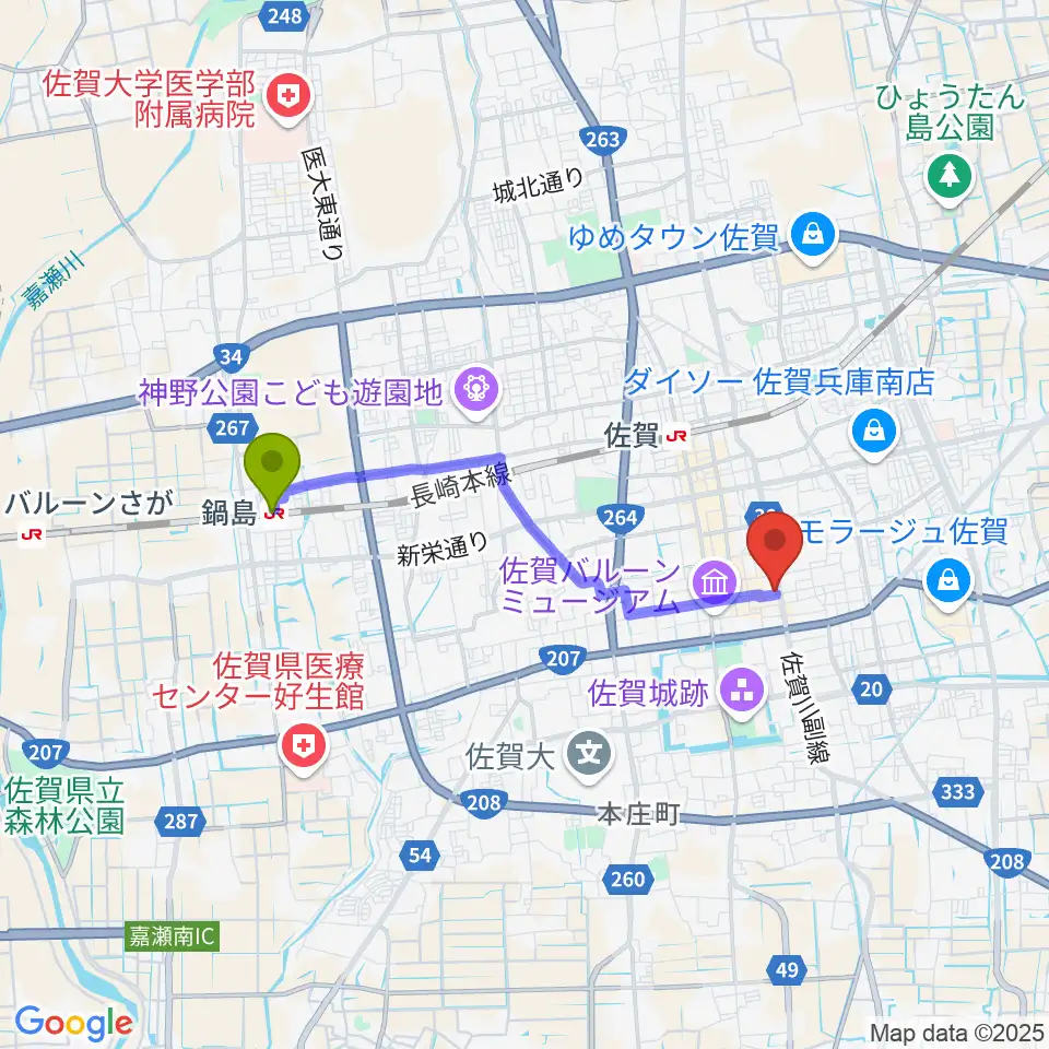 鍋島駅から三根楽器店へのルートマップ地図