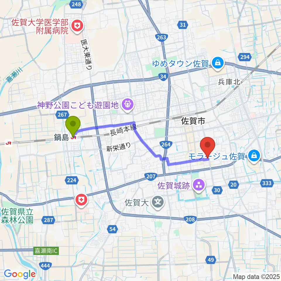 鍋島駅から三根楽器店へのルートマップ地図