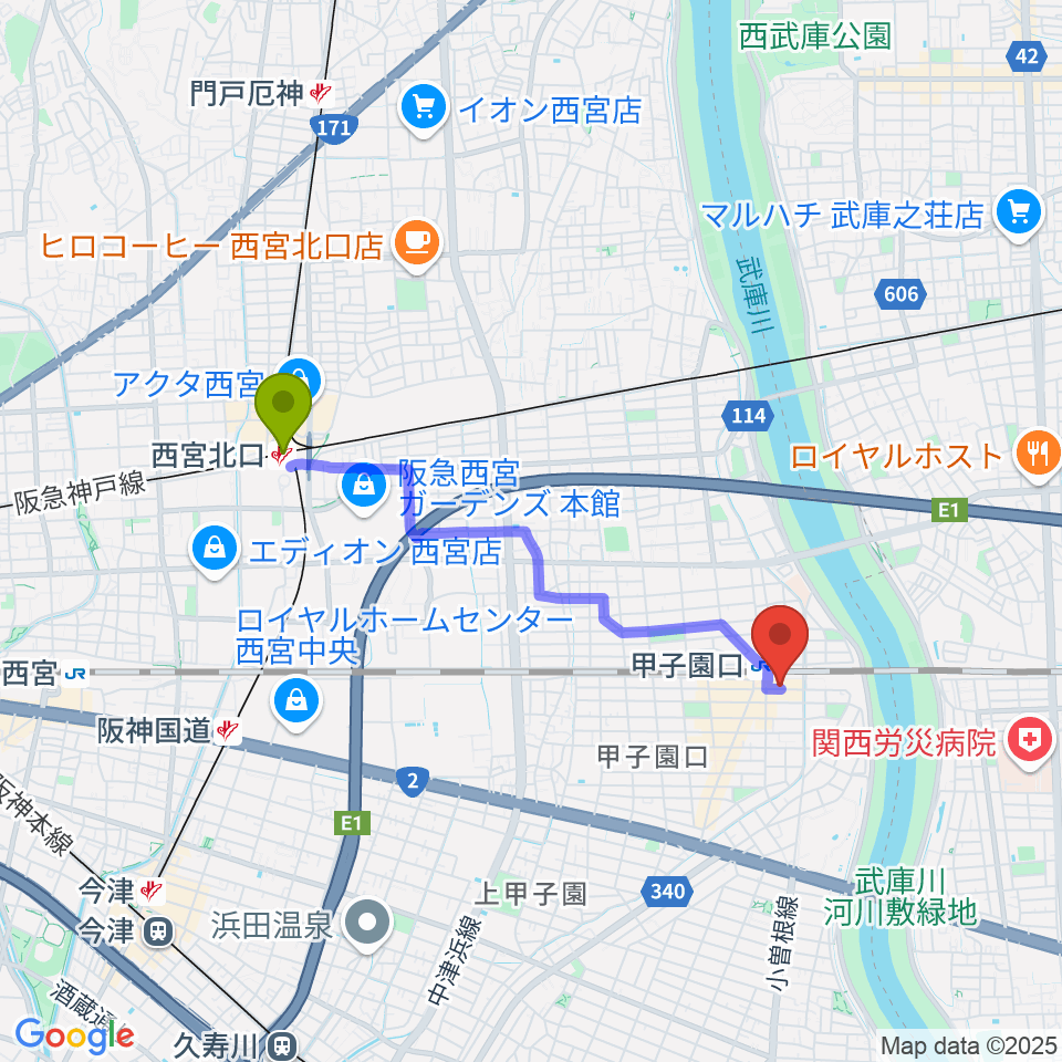 西宮北口駅から箏三絃なかにしへのルートマップ地図