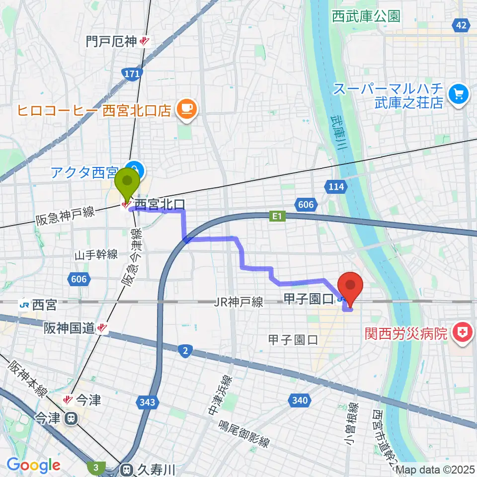 西宮北口駅から箏三絃なかにしへのルートマップ地図