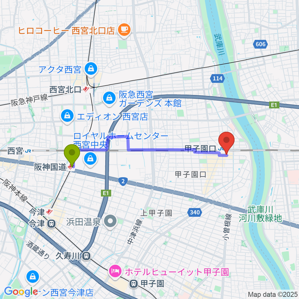 阪神国道駅から箏三絃なかにしへのルートマップ地図