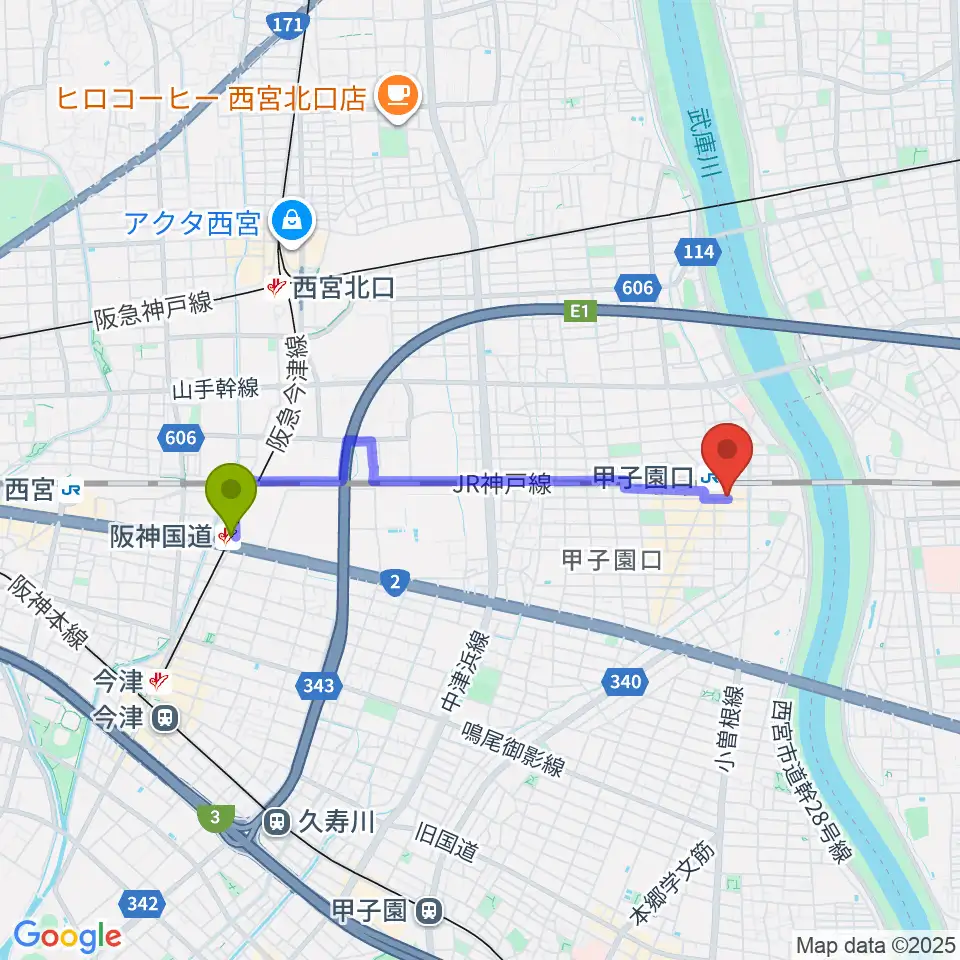 阪神国道駅から箏三絃なかにしへのルートマップ地図