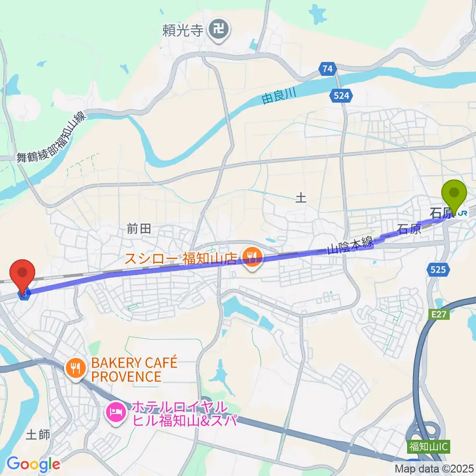 石原駅から光陽堂 福知山本店へのルートマップ地図