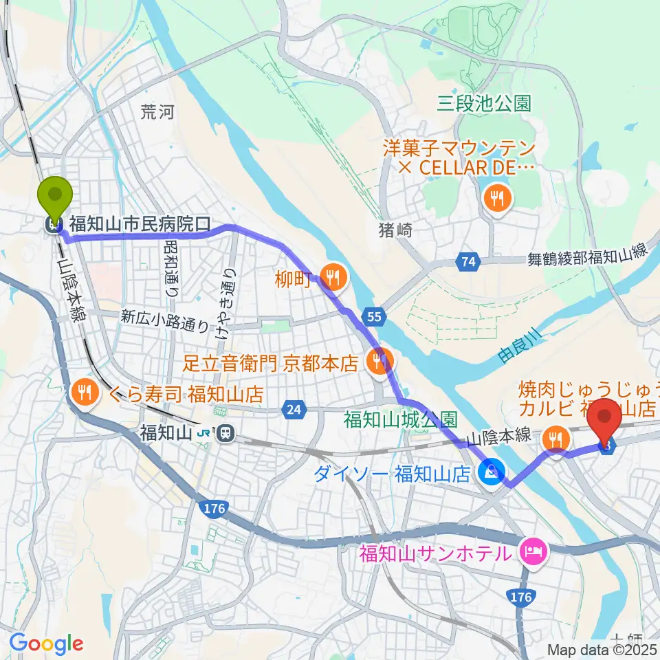 福知山市民病院口駅から光陽堂 福知山本店へのルートマップ地図
