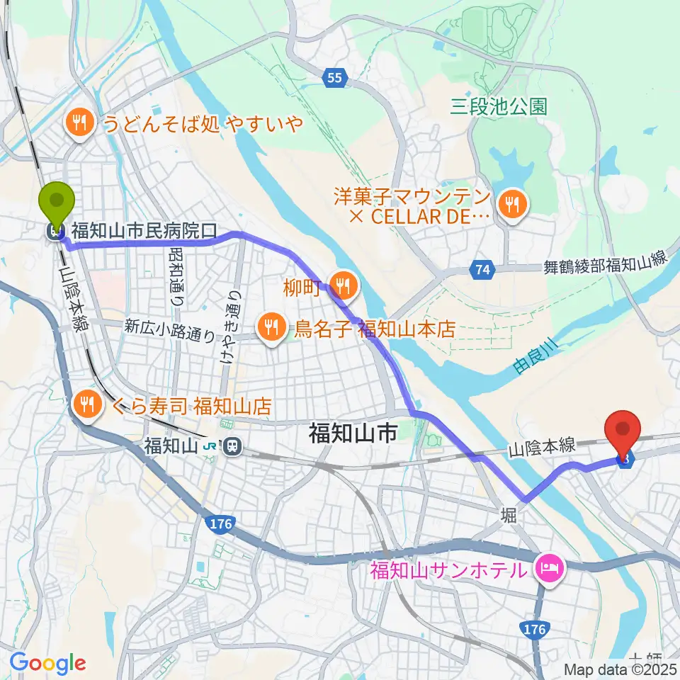 福知山市民病院口駅から光陽堂 福知山本店へのルートマップ地図