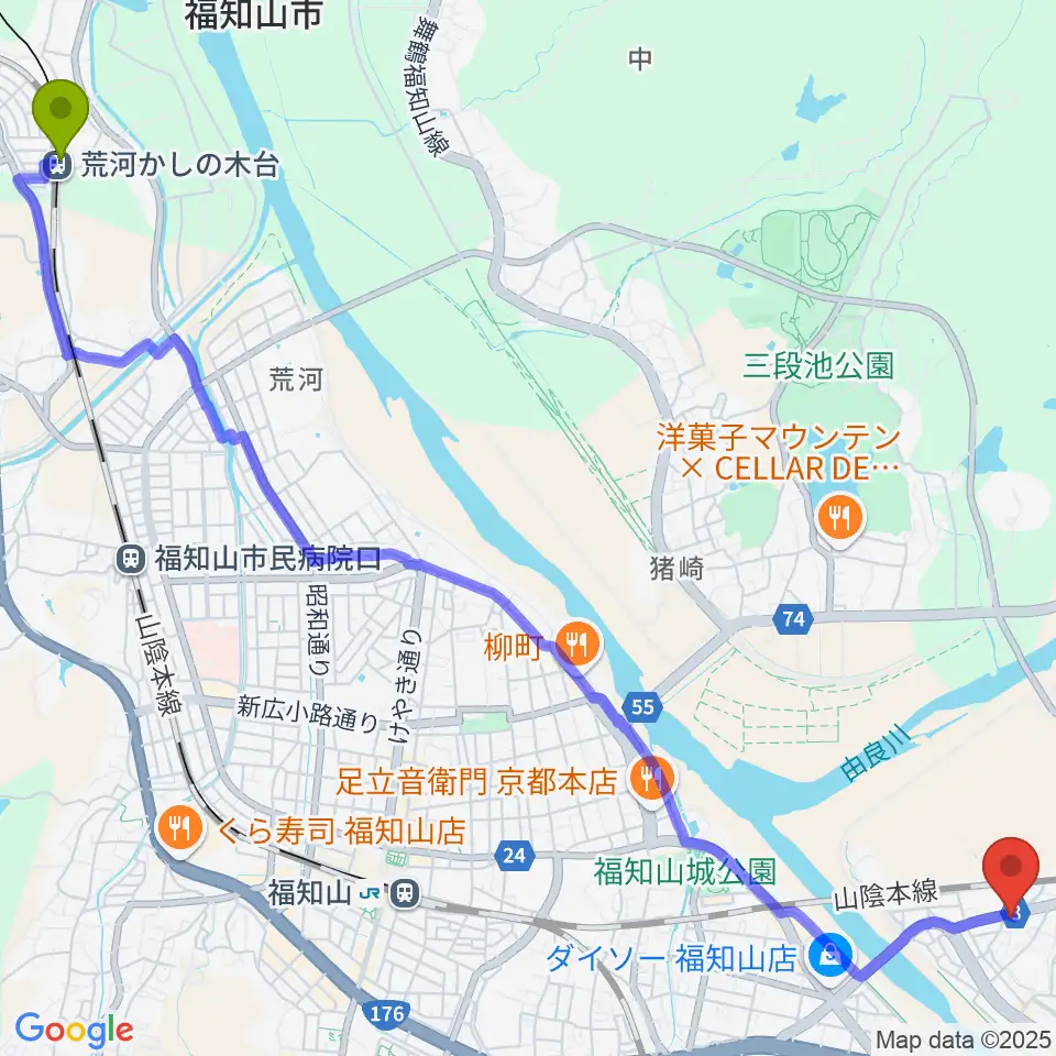 荒河かしの木台駅から光陽堂 福知山本店へのルートマップ地図
