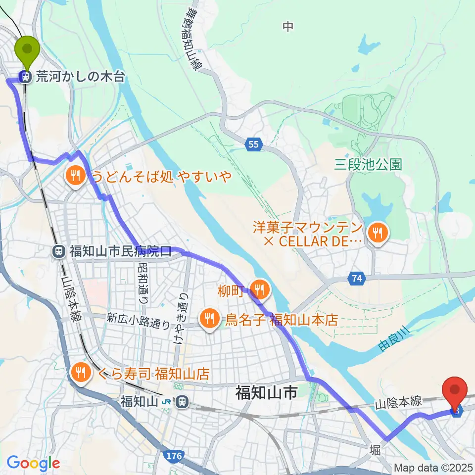 荒河かしの木台駅から光陽堂 福知山本店へのルートマップ地図