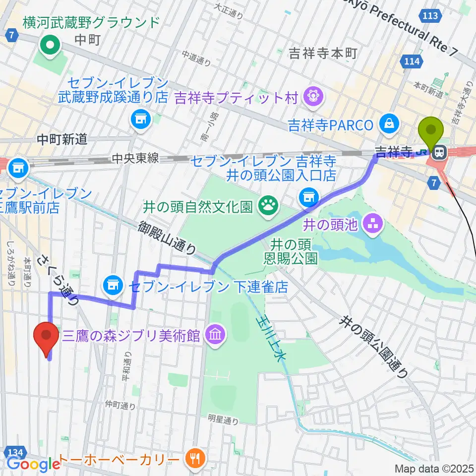 吉祥寺駅からコントラバス専門店アットへのルートマップ地図