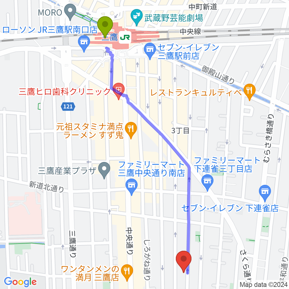 コントラバス専門店アットの最寄駅三鷹駅からの徒歩ルート（約13分）地図