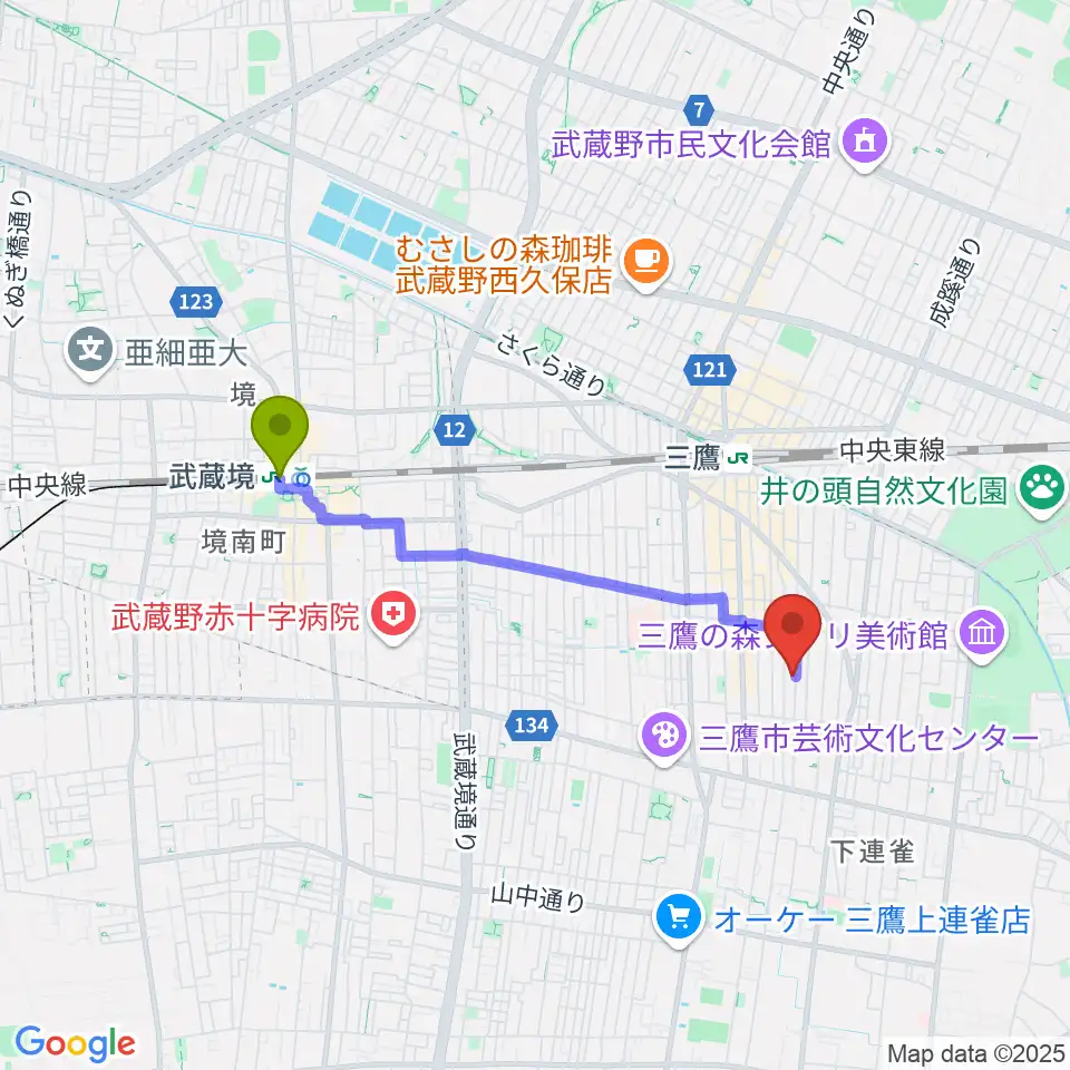 武蔵境駅からコントラバス専門店アットへのルートマップ地図