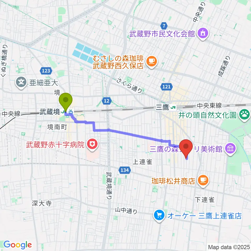 武蔵境駅からコントラバス専門店アットへのルートマップ地図