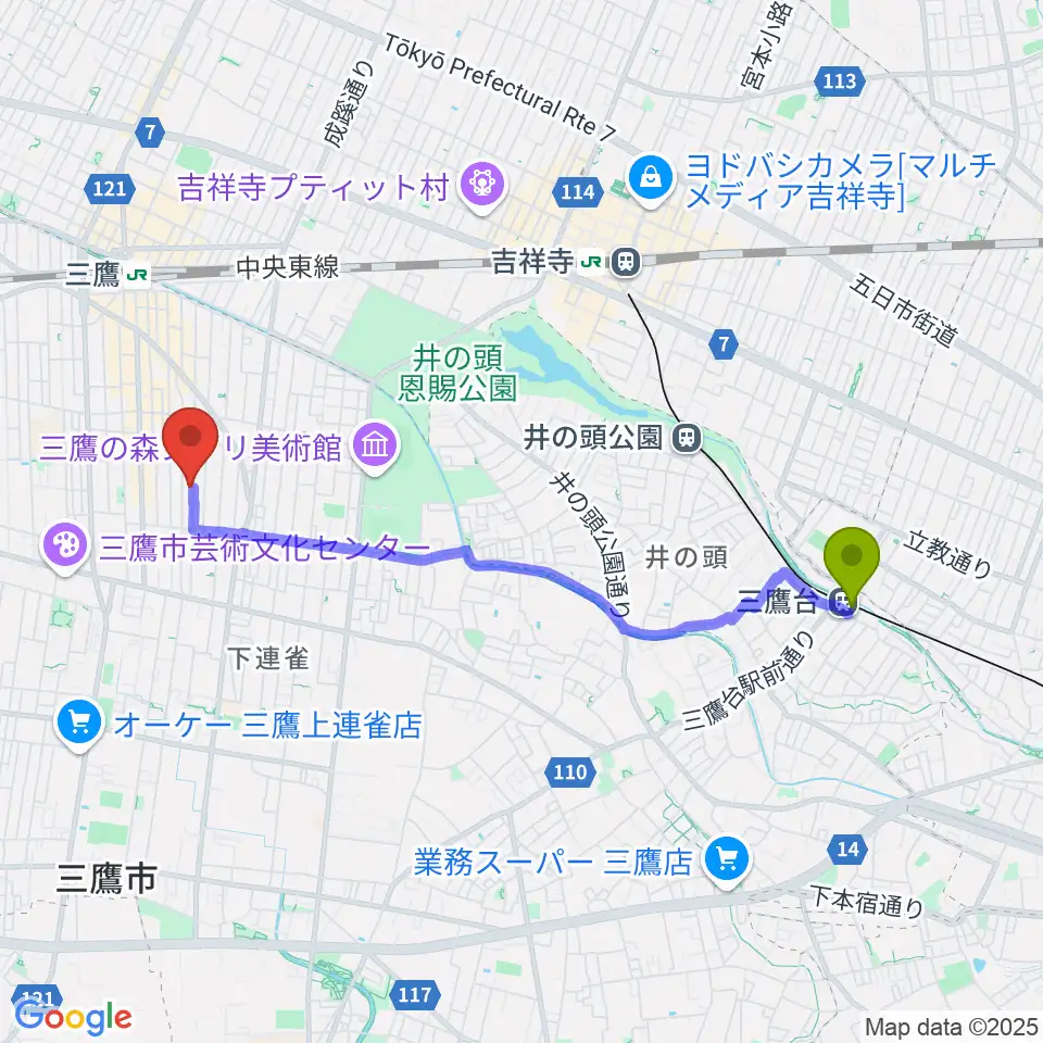 三鷹台駅からコントラバス専門店アットへのルートマップ地図