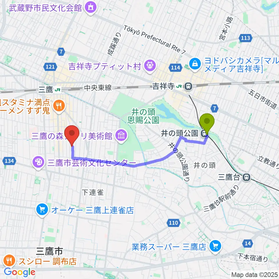 井の頭公園駅からコントラバス専門店アットへのルートマップ地図