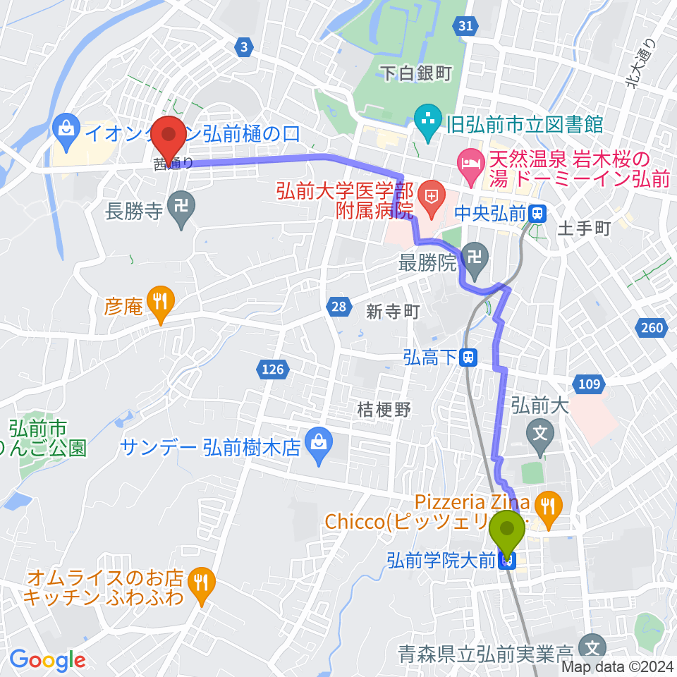弘前学院大前駅から津軽三味線 まんじ三味線店へのルートマップ地図