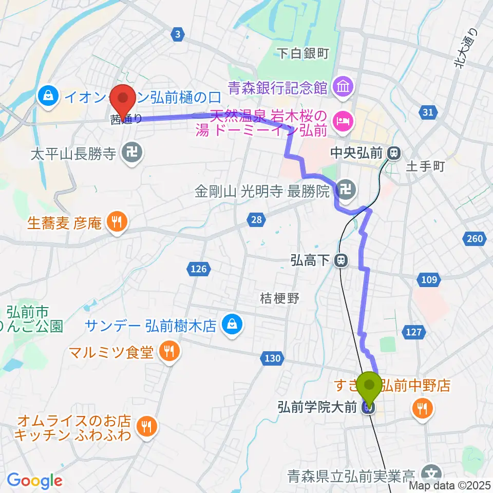 弘前学院大前駅から津軽三味線 まんじ三味線店へのルートマップ地図