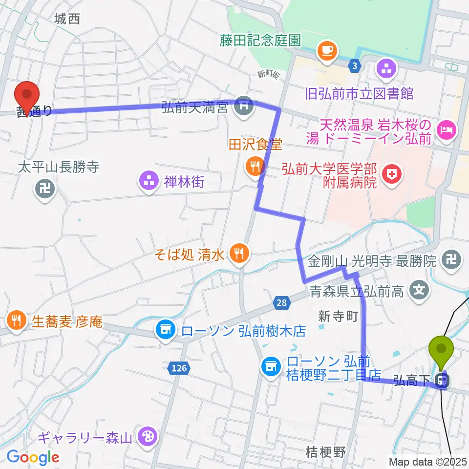 津軽三味線 まんじ三味線店の最寄駅弘高下駅からの徒歩ルート（約30分）地図