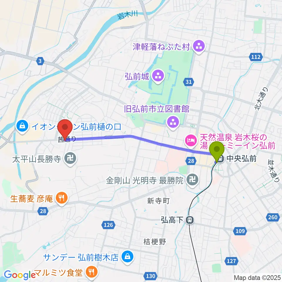 中央弘前駅から津軽三味線 まんじ三味線店へのルートマップ地図