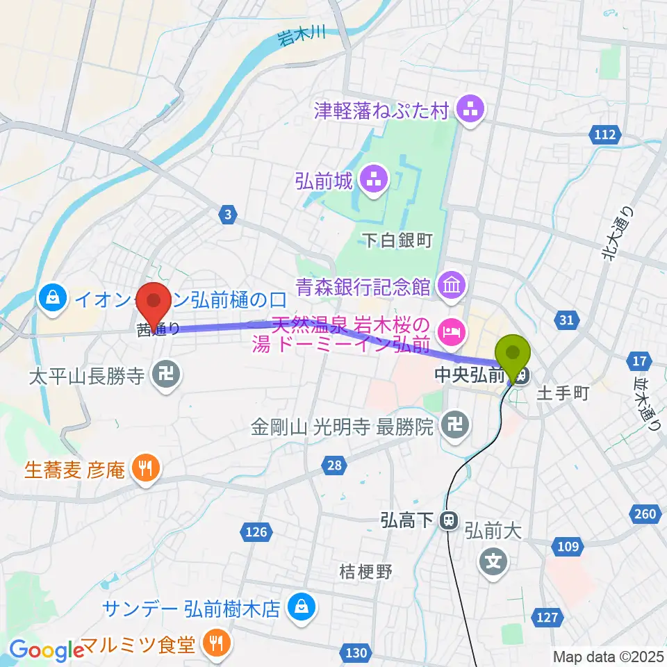 中央弘前駅から津軽三味線 まんじ三味線店へのルートマップ地図